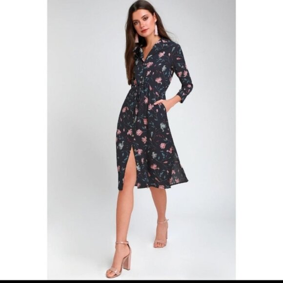 NWT Lulu's Rue navy blue floral shirt dress size small - Picture 2 of 11